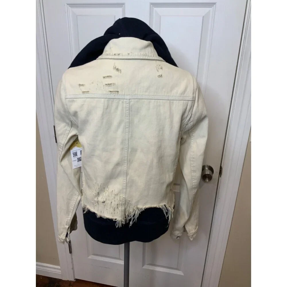 Free People Bleached White Denim Combo Hoodie Jean Jacket, Size Small - Picture 5 of 6